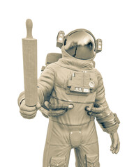 astronaut is holding a rolling pin
