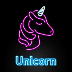 unicorn neon sign, modern glowing banner design, colorful modern design trends on black background. Vector illustration.