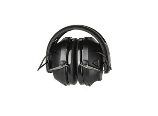 Protective headphones on a white. Safety equipment. Headphones for noise reduction. Light back.