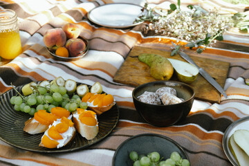 Summer picnic. Dining al fresco. Picnic outdoor activities. Ripe fruits and snacks on grass. 