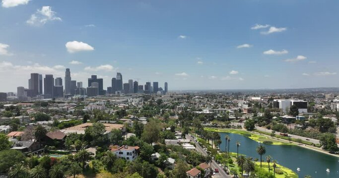 Los Angeles downtown arial fly drone, skyscrapers cityscape. Office buildings, skyscrapers urban city district of LA. Los Angeles, USA, June 1, 2022.