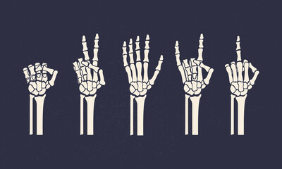 Set of 5 skeleton hands. Bones hand gestures. Gesture of Peace, Rock, stop, middle finger, fist power. Vintage elements for design logo, poster, print for t-shirt. Vector illustration