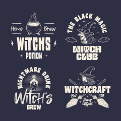 Fototapeta premium Witch logo set. 4 Witch related labels, badges, emblems. Halloween emblem, poster templates. Vector illustration