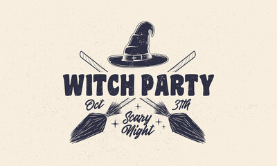 Halloween vintage label, logo. Witch party emblem with grunge texture. Witch's hat with crossed brooms. Hipster design. Print for T-shirt. Vector illustration - obrazy, fototapety, plakaty