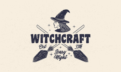 Halloween vintage label, logo. Witchcraft emblem with grunge texture. Young Witch with crossed brooms. Hipster design. Print for T-shirt. Vector illustration - obrazy, fototapety, plakaty