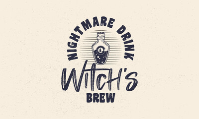 Halloween vintage label. Witch's potion emblem with grunge texture. Witch potion bottle vintage icon. Hipster design. Print for T-shirt. Vector illustration