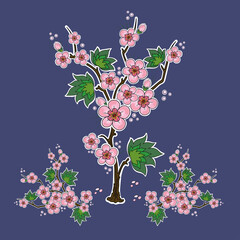vector set ornament, bonsai, twigs with pink flowers and leaves stylized in Korean style on a purple background