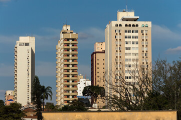 City buildings, blue sky, leafless tree branches in the foreground, Piracicaba SP Brazil.