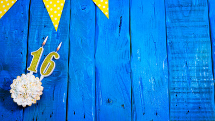 Top view copy space background festive on vintage blue boards with pie and decorations. Background...