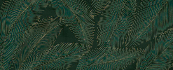 Luxury green art background with palm leaves in gold line hand drawn. Botanical banner with exotic plants for wallpaper design, print, decor, packaging, textile