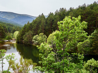 Landscape of Pradillo lake, a reservoir on Lozoya river. Pradillo dam, Rascafria, Guadarrama mountains,  Madrid, Spain