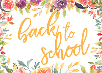Watercolor Back to school frame poster background illustration,fall floral frame, border, sale,september. Bright color label and banner template, print,greeting postcard, festive, flyer, printable diy