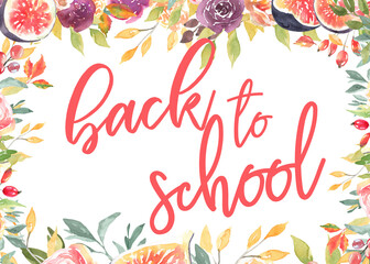 Watercolor Back to school frame poster background illustration,fall floral frame, border, sale,september. Bright color label and banner template, print,greeting postcard, festive, flyer, printable diy