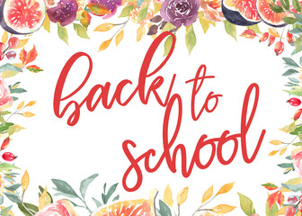 Watercolor Back to school frame poster background illustration,fall floral frame, border, sale,september. Bright color label and banner template, print,greeting postcard, festive, flyer, printable diy
