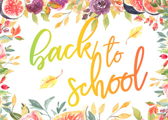 Watercolor Back to school frame poster background illustration,fall floral frame, border, sale,september. Bright color label and banner template, print,greeting postcard, festive, flyer, printable diy