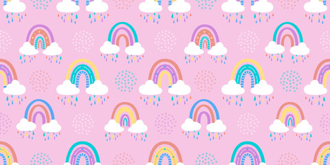 .Abstract rainbow with clouds and raindrops, doodles and circles in a seamless pattern