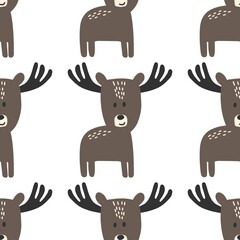 Seamless Scandinavian drawing. Vector children's background with a moose. Design for prints, shirts and posters.