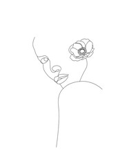 Portrait of beautiful woman with flower on head. Line drawing. Vector illustration.