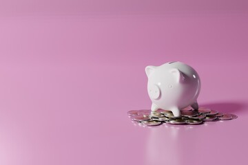Piggy bank on the background of money. Concept of saving money, saving money for later. 3d render, 3d illustration