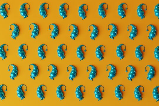 A presley pattern composed of blue balls on an orange background. 3d rendering, 3d illustration.