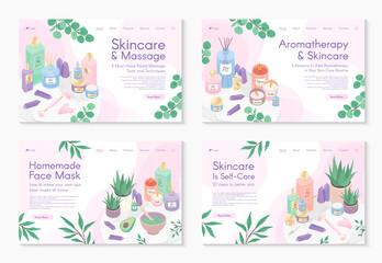 Web page design templates for aromatherapy treatment,skin care tutorial,spa,wellness,massage,cosmetics,self care.Vector illustrations concept for website,mobile website.Landing page layouts. - obrazy, fototapety, plakaty