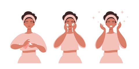 Cute girl does skincare routine. Face cleansing as a step of self care to get healthy glowing skin. Vector illustration isolated on white background.  © Olga