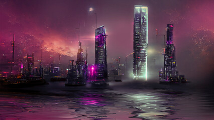Fototapeta na wymiar Night city, neon lights of the metropolis. Reflection of neon lights in the water. Modern city with high-rise buildings. Night street scene, city on the ocean. 3D illustration.