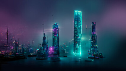 Fototapeta na wymiar Night city, neon lights of the metropolis. Reflection of neon lights in the water. Modern city with high-rise buildings. Night street scene, city on the ocean. 3D illustration.