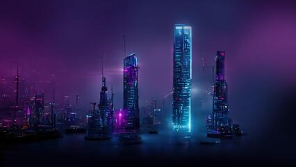 Fototapeta premium Night city, neon lights of the metropolis. Reflection of neon lights in the water. Modern city with high-rise buildings. Night street scene, city on the ocean. 3D illustration.