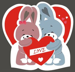 Vector drawing with two hares and a heart for printing on fabric and paper. Design for fabric, textiles, wallpaper, notepad.