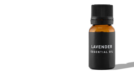 A bottle of lavender essential oil with shadow on a white background. The idea of natural cosmetic,...