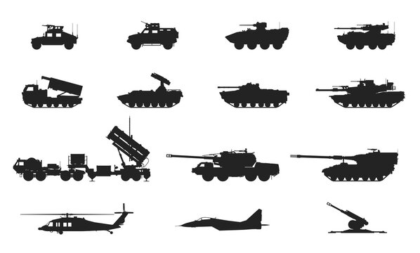 military combat vehicles icon set. army and weapon symbol. vector image for military infographics and concepts