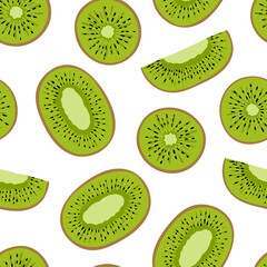 Tropical seamless pattern with green kiwi and kiwi slices. Hand drawn fruits kiwi pattern on white background. for fabric, drawing labels, print, wallpaper of children's room, fruits background