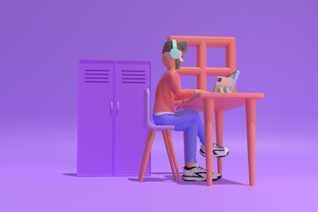 Casual brunette male working on a laptop from home. 3d rendering