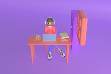 Casual brunette male working on a laptop from home. 3d rendering