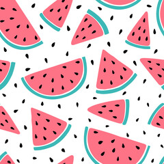 Seamless pattern with pink watermelons and watermelon slices. Hand drawn watermelon pattern on white background. for fabric, drawing labels, print, wallpaper of children's room, fruits background - obrazy, fototapety, plakaty