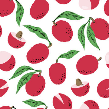Seamless pattern with pink lychee and slices. Hand drawn lychee pattern on white background. for fabric, drawing labels, print, wallpaper of children's room, fruits background