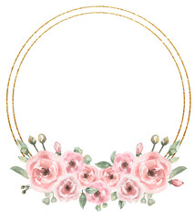 Delicate pink Flowers wreath Clipart, Watercolor golden frame with garden flower and greenery, floral wreath illustration, Logo design, Wedding invites, baby shower