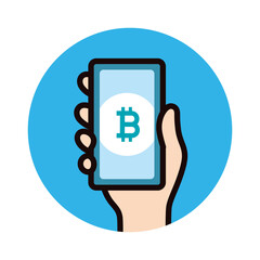 アイコン_スマホ_手_マーク_ビットコイン_青バック_丸