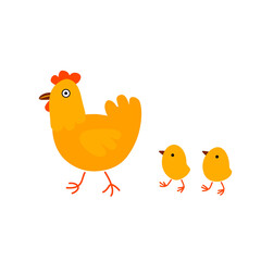 Happy mother hen walking with her cute little chicks . Cartoon vector illustration isolated on white background. Can be used for farming, aviculture business.