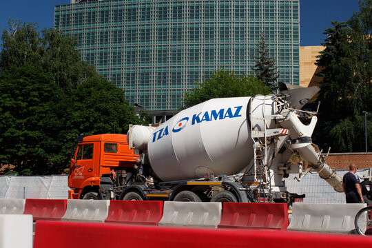 Concrete mixer truck at a construction site in the Donetsk People's Republic Square near the American Embassy. Moscow, Russia, June 23, 2022.
