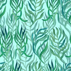 Naklejka na ściany i meble watercolor twigs with leaves of different colors on a colored background vector seamless pattern