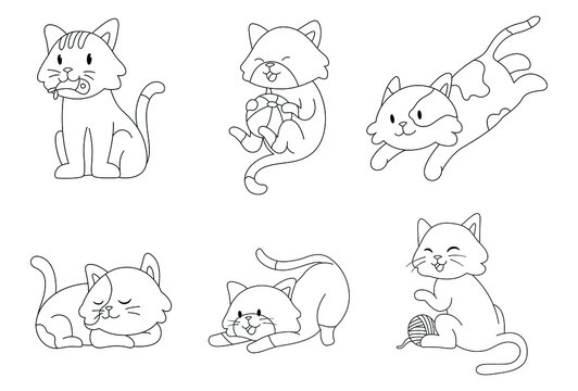 Set of cute cat pet animal vector illustration. Hand drawn kitty doodle for kids' coloring page