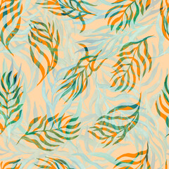 watercolor twigs with leaves of different colors on a colored  background seamless pattern