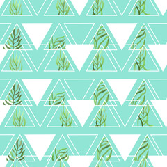 watercolor twigs with leaves in triangles frames geometric  seamless pattern