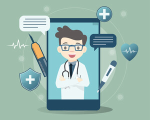 Concept of Online medical advice or consultation service. Doctor online on smartphone app. support. Social distancing. medical application, medical online training. Vector illustration