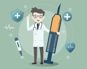 Doctor with syringe and vaccine. People vaccination concept for immunity health. Healthcare, Vaccination awareness concept. Flat vector illustration. Covid-19, Coronavirus, Flu, Fever dengue.