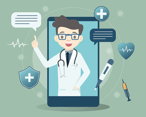 Concept of Online medical advice or consultation service. Doctor online on smartphone app. support. Social distancing. medical application, medical online training. Vector illustration