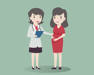 Pregnant woman with a doctor's appointment. Pregnant woman visiting a doctor, Expectant mother with physician. Female doctor in uniform with stethoscope examines pregnant patient. Vector illustration.