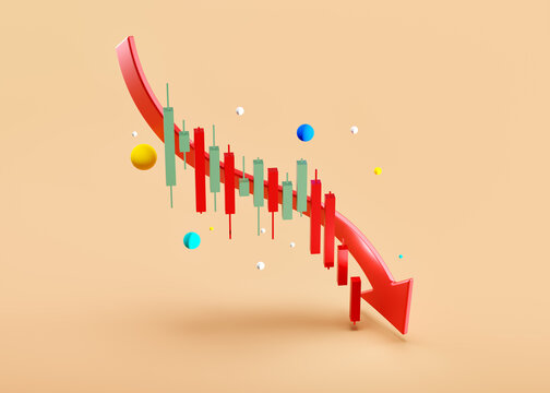 candles in a downtrend with an arrow pointing down, cartoon 3d image. the concept of investment losses in the stock and cryptocurrency markets